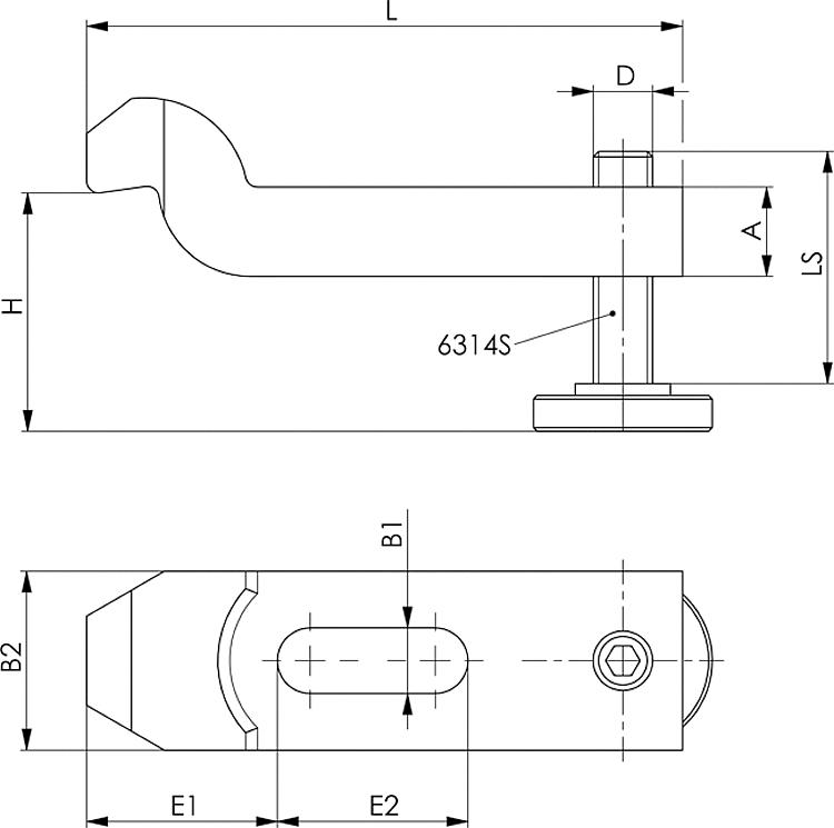AMF 6316V-16+18 Spanneisen gekröpft, mit verstellbarer Stützschraube, für Spannschraube: M16, A: 25, D x LS: M16x55 - LE 6316V Spanneisen - gekroepft - mit verstellbarer Stuetzschraube-Skizze