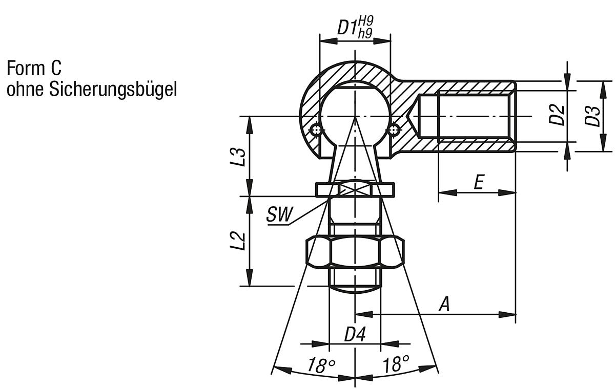 Kipp K0734.1916 WINKELGELENK FORM C, D1=19, D2=M16 - K0734-C Winkelgelenke DIN 71802 Form C - Massblatt