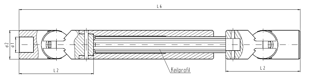 Leschhorn09155.70x45-ST ausziehbare Kugelgelenkwellen, d2= 70, d1= 45 mm, ohne Nut, geschlossene Länge = 720mm, X= 190mm, mit Kugelgelenke 09101 - LE 09155 ausziegbare Wellengelenke Bemaßung
