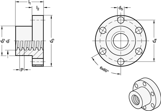 Ganter 103.1-10X2-RH-PA  Trapezgewindemuttern, Kunststoff, eingängig, mit Flansch, d1 x P: 10 x 2, Steigungsrichtung: RH - Rechtsgewinde, d2: 25 - GN 103-1 Trapezgewindemuttern - Kunststoff - eingaengig - mit Flansch - Massblatt
