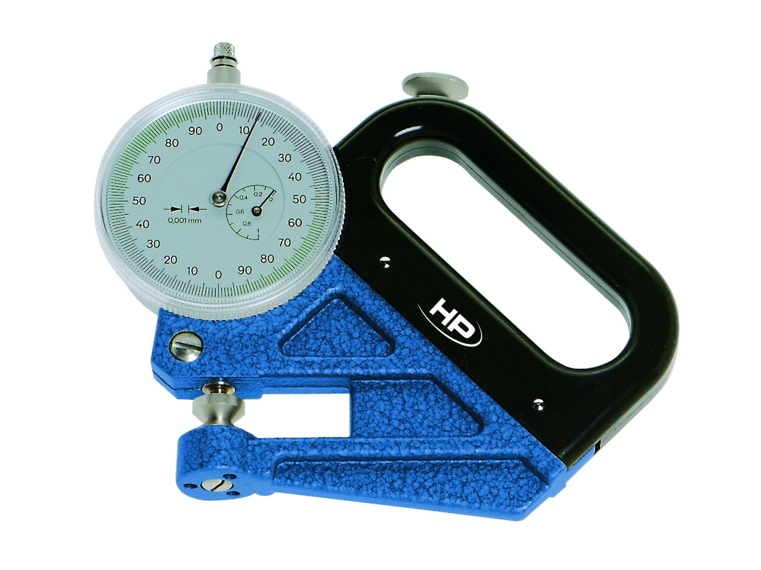 Leschhorn 0720.F1000/30 Foliendickenmessgerät, Messeinsatz ø 6,35 mm flach, mit Handwärmeschutz: 1 mm Messbereich, 0,001 mm Ablesung, Zeigerumdrehung 0,2 mm, Bügeltiefe 30 mm - 80100-F1000-30 Folienmessgeraet - mechanich