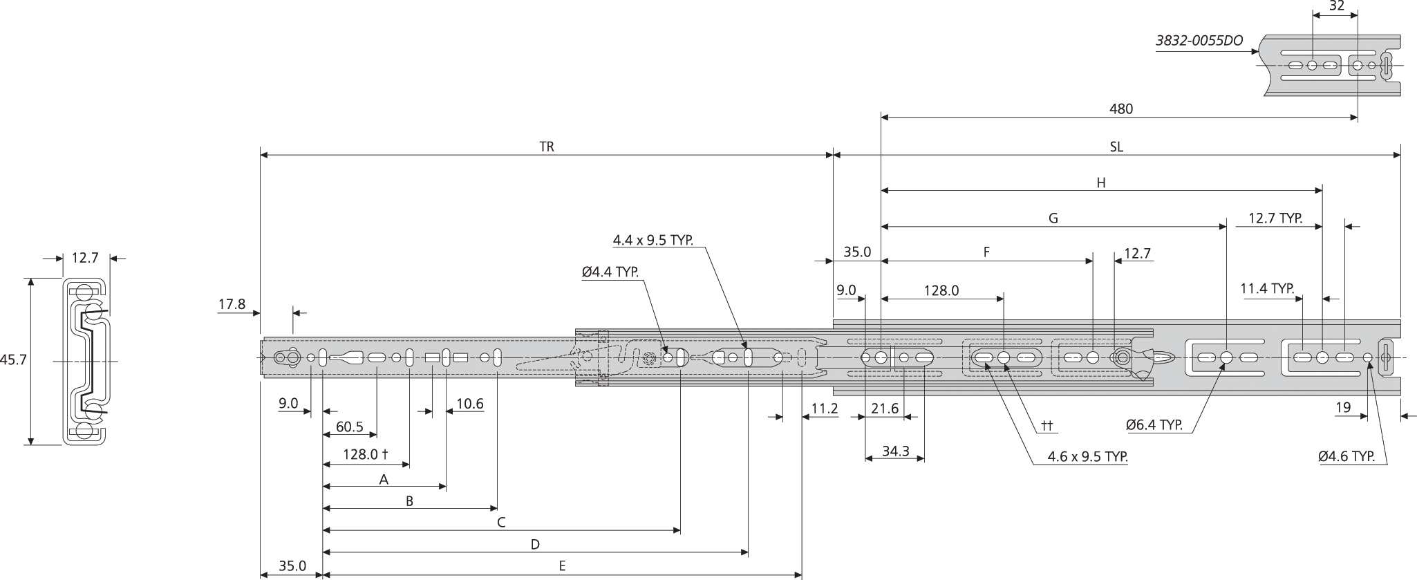 Accuride DZ3832-0040DO Teleskopschienen 100% Vollauszug, 12,7x45,7, SL 400,TR 406, 44kg, hell verzinkt, Hold-out in open position - 3832 DO Accuride Teleskopschiene technische Zeichn