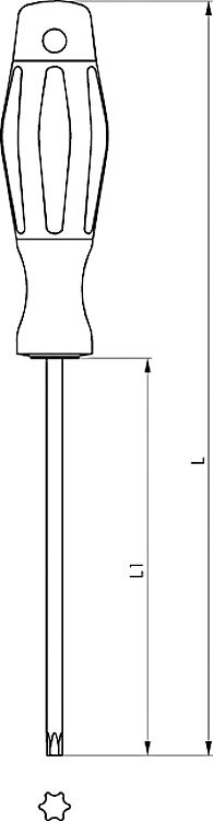 AMF 907LE-T10 TORX-Schraubendreher mit ergonomischen 2-Komponenten-Längsgriff, TORX: T10, A: 2,74, L: 160 - LE 907LE TORX-Schraubendreher mit ergonomischen 2-Komponenten-Laengsgriff-Skizze