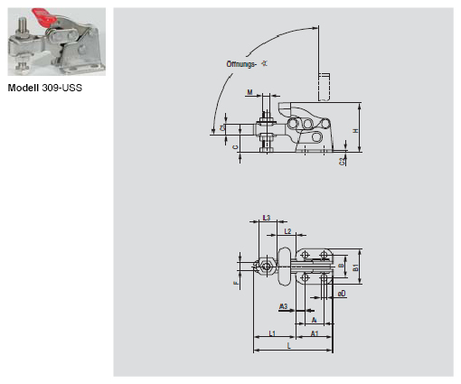 DESTACO 309-USS Horizontalspanner Haltekraft 3400N, Öffnungswinkel 90° - 309-USSHorizontalspanner - U- Spannarm - Fuss abgewinkelt - Edelstahlausfuehrung