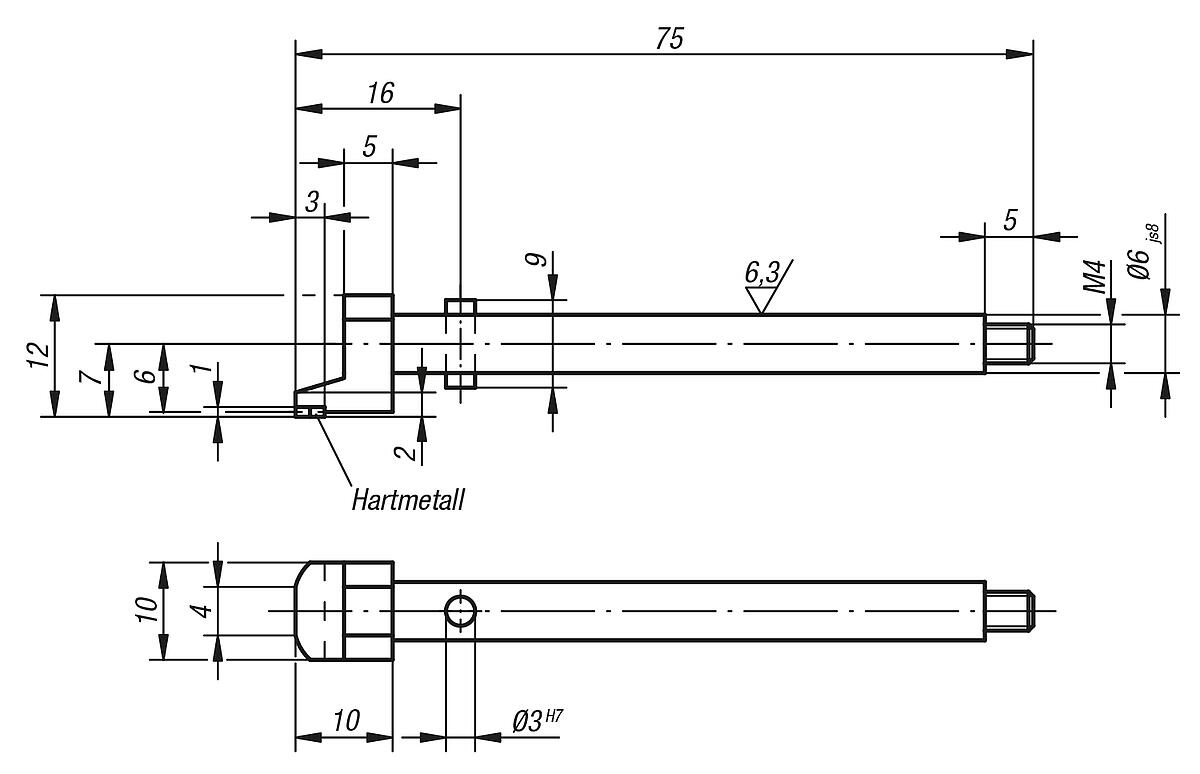 Norelem 33029-06075 TASTBOLZEN FLACH, ABGESETZT - NLM 33029 Tastbolzen flach abgesetzt - Massblatt