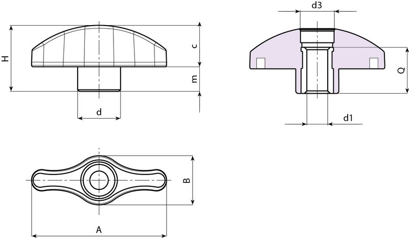 Leschhorn L808 Flügelmuttern  A 44; d 14; Bohrung d1 D05; Kunststoff PA, schwarz, - Boteco L808 Fluegelmuttern