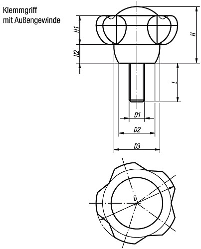 Kipp K0255.501015X20 NOVO.GRIP KLEMMGRIFF D=50  M10X20  EDELSTAHL, DECKEL LICHTGRAU - KIPP K0255-AG Klemmgriffe mit Aussengewinde