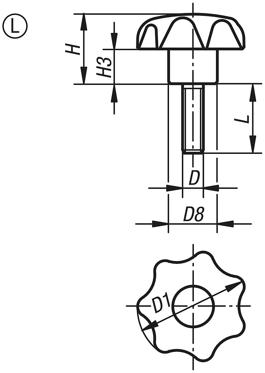 Norelem 06220-41015X50 STERNGRIFF D1=50  M10X50, FORM L, DECKEL LICHTGRAU - Sterngriffschrauben Thermoplast aehnlich DIN 6336 Form L - Massblatt