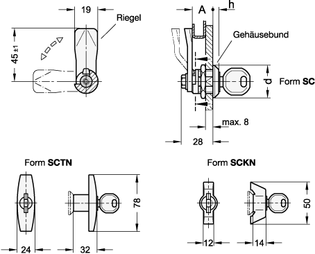 Ganter 115-SCKN-10-NI  Verriegelungen, Edelstahl, Betätigung mit Bedienelementen, abschließbar, Riegelabstand A: 10, Form: SCKN - mit Knebel (Schließung einheitlich), Form SCKN, SCTN: 32 - GN 115 Verriegelungen - Edelstahl - Betaetigung mit Bedienelementen - abschliessbar - Massblatt