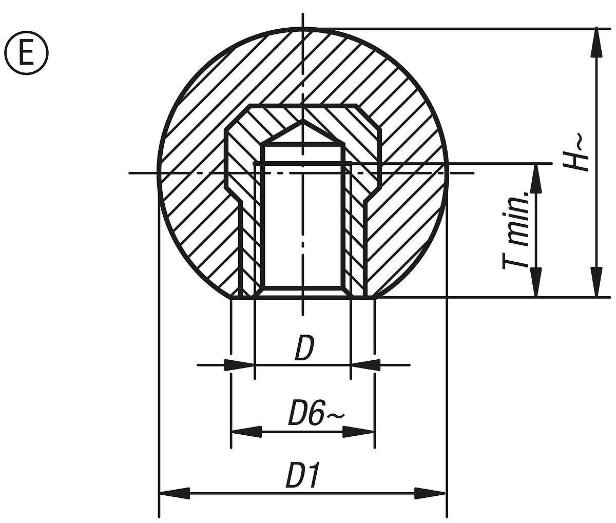 Kipp K0158.23208 KUGELKNOPF D1=32  M8, FORM E, THERMOPLAST - K0158-E Kugelknoepfe Thermoplast DIN 319 erweitert Form E - Massblatt