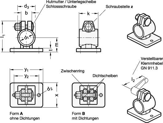 Ganter 146.6-B30-B-4  Flansch-Klemmverbinder, Edelstahl, mit 2 Bohrungen, Bohrung d1: B 30, Form: B - mit Dichtungen, Kennziffer: 4 - mit Edelstahl-Hutmutter DIN 917 - GN 146-6 Flansch-Klemmverbinder - Edelstahl - mit 2 Bohrungen - Massblatt
