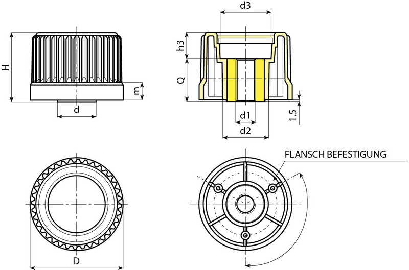 Leschhorn N248 Rändelmutter durchgehende Stahl Gewindebuchse  A 65; d 27; Gewinde d1 M16; Kunststoff PA, schwarz, - Boteco N248 Geraendelte Muffen