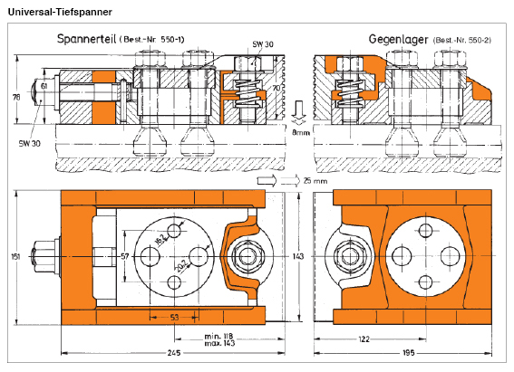 Leschhorn T550 Universal-Tiefspanner CARVER bestehend aus: Spannerteil (T550-1) Gegenlager (T550-2) Haltekraft: Horizontal 4500 daN;  Vertikal 1800 daN - LE71521 T550 Universal-Tiefspanner CARVER