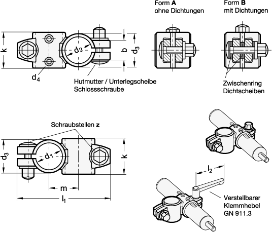 Ganter 132.15-G30-B30-A-4  Kreuz-Verfahrschlitten, für Einachssystem, Edelstahl, d1 - d2: G30 - B30, Form: A - ohne Dichtungen, Kennziffer: 4 - mit 2 Edelstahl-Hutmuttern DIN 917 - GN 132-15 Kreuz-Verfahrschlitten - fuer Einachssystem - Edelstahl - Massblatt