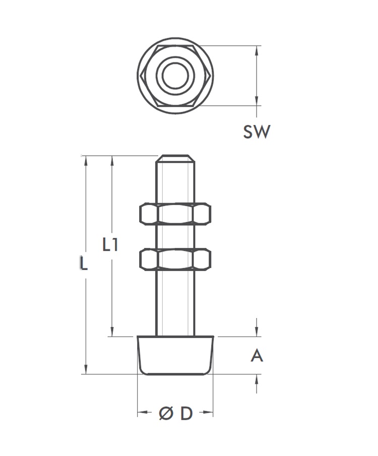 DESTACO 213208-M-L Andruckspindel Stahl verzinkt und passiviert, Gewinde M5, L 34 L1 30 - DESTACO 213208-M852 217208-M852 Andruckspindel Stahl verzinkt und passiviert - Neopren rot schwarz