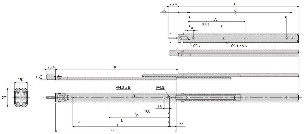 Accuride DZ2731-0050CL Teleskopschienen mit Verriegelung, 100% Vollauszug, 19,1x27,0, SL 500,TR 502, 22kg, hell verzinkt - 2731CL Accuride Teleskopschiene technische Zeichnung