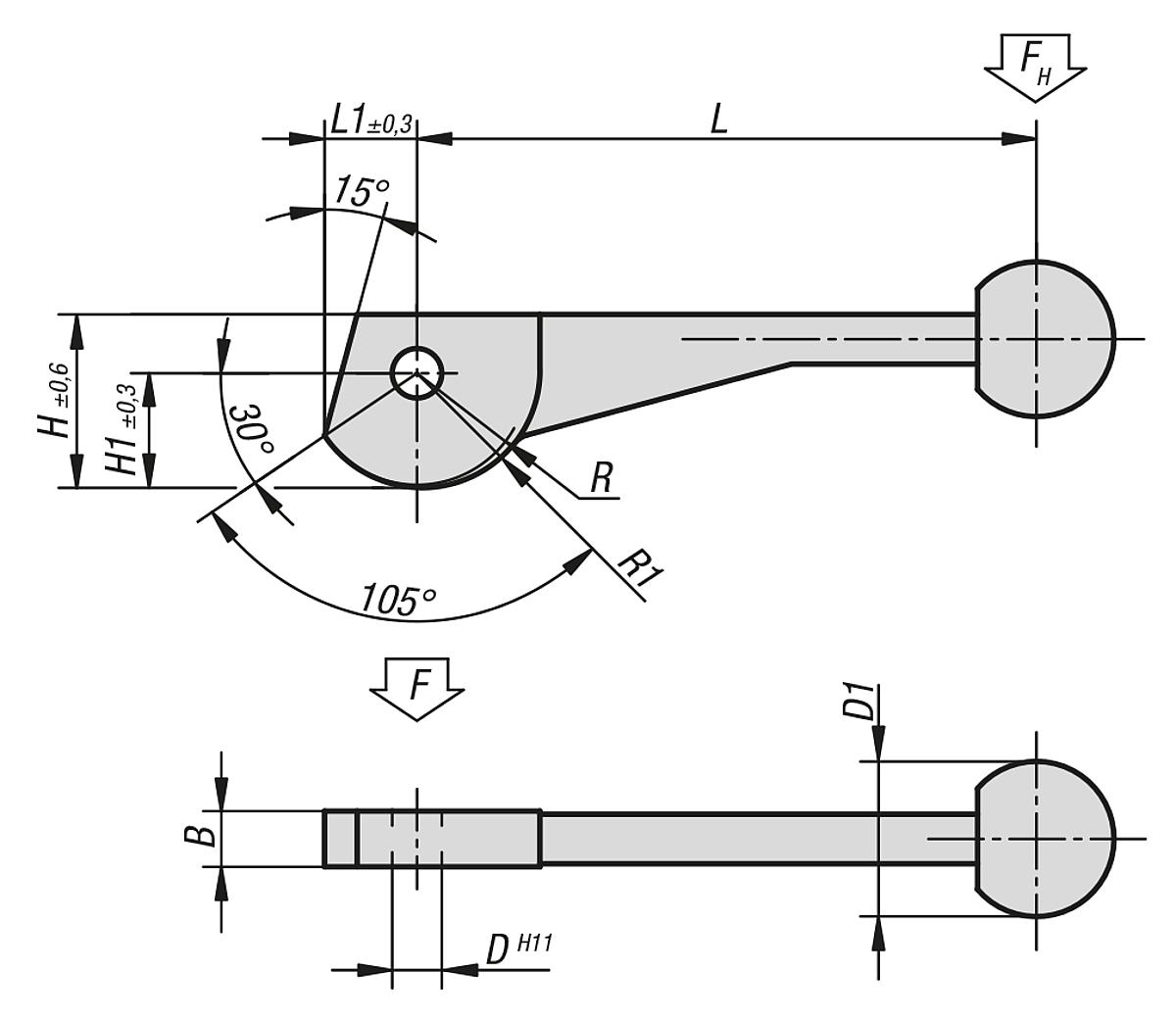 Kipp K0008.12 EXZENTERHEBEL EINFACH  D=12H11 - K0008 Exzenterhebel einfach - Massblatt