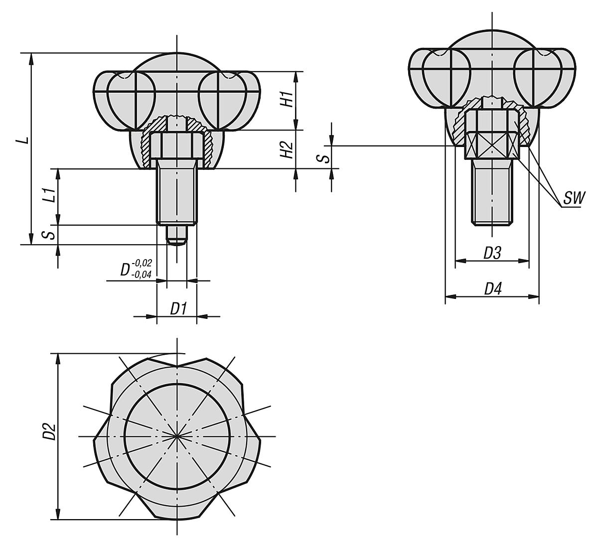 Kipp K0245.12066 ARRETIER  UND SPANNGRIFF GR.2, D=50, M12X1.5, DECKEL VERKEHRSROT - K0245 Arretier und Spanngriffe - Massblatt