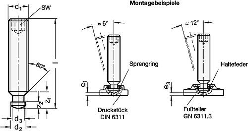 Ganter 6332-M10-45-SKN-ZB Gewindestifte mit Druckzapfen, Stahl, verzinkt, DIN 6332 - DIN 6332 Gewindestifte mit Druckzapfen - Stahl - verzinkt-Skizze