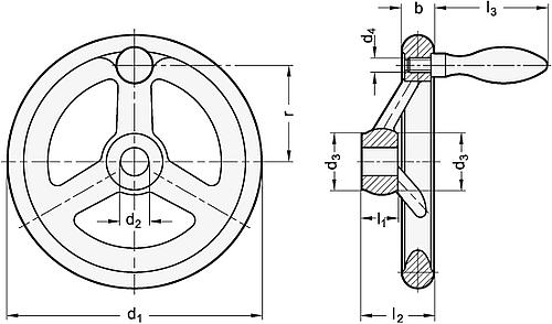 Ganter 950.6-140-B14-F EDELSTAHL HANDRAD MIT FESTEM BALLENGRIFF - GN 950-6 Edelstahl Handraeder-Skizze