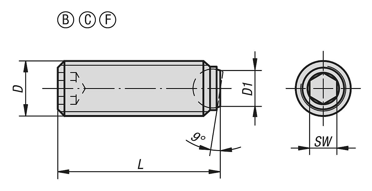 Kipp K0383.2046 KUGELDRUCKSCHRAUBE FORM B, OHNE KOPF, D1=M4, L2=5,8 - K0383 Kugeldruckschrauben ohne Kopf mit abgeflachter Kugel - Massblatt