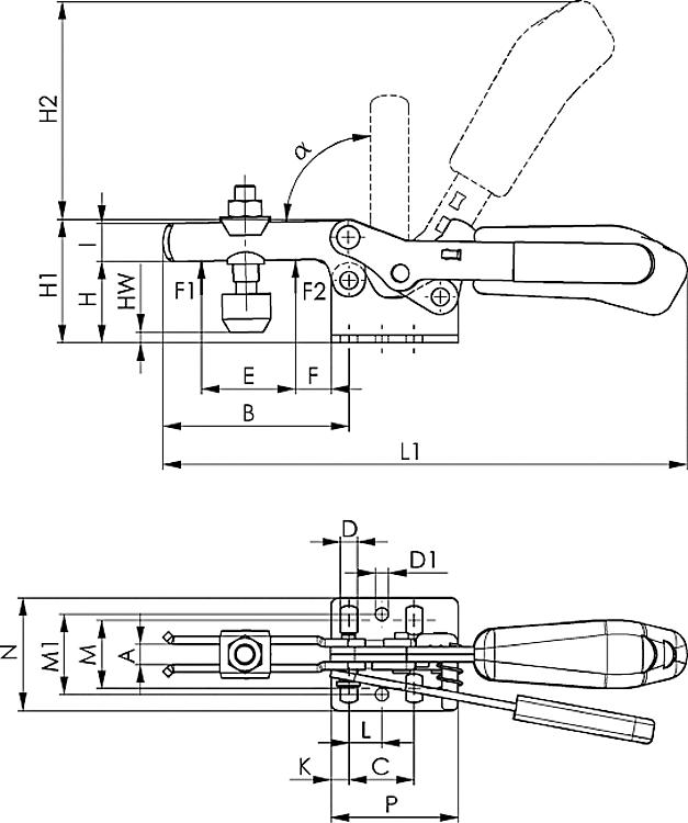 AMF 6830ST-3 Waagrechtspanner mit schwarzem Handgriff und Sicherheitsverriegelung, Größe : 3, F1: 1,8 kN, F2: 2,5 kN - LE 6830ST Waagrechtspanner mit schwarzem Handgriff und Sicherheitsverriegelung-Skizze