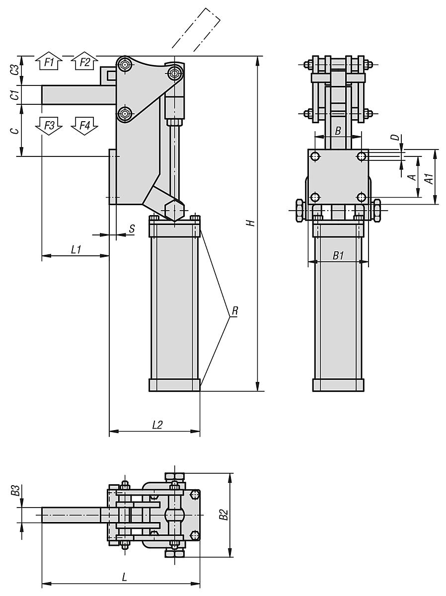 Kipp K0091.1750 PNEUMATIKSPANNER VERTIKAL, SCHWERE AUSFÜHRUNG, P=1750 daN - K0091 Pneumatikspanner vertikal schwere Ausfuehrung - Massblatt