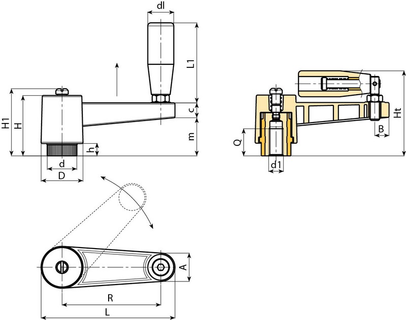 Leschhorn E519 Handkurbeln mit Umleggriff  L 86; R 65; Gewinde d1 M08; Kunststoff PA, schwarz, Gewindebuchse Messing - Boteco E519 Handkurbeln mit Umleggriff