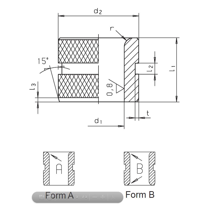 Leschhorn Kordelbuchsen ähnl. DIN 179, Form A: einseitig gerundet, d1 08,40; d2 15; l1 20;  mittel - aehnlich DIN 179 - Form A - Kordelbuchsen