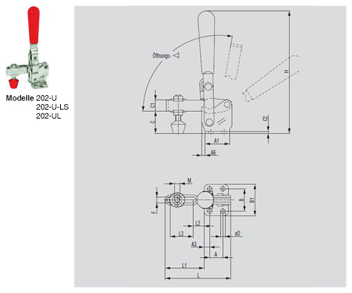 DESTACO 202-U Vertikal-Kniehebelspanner Haltekraft 1100 N - 2000 N, Öffnungswinkel 100° - 105° - 202-U 202-U-LS 202-UL Vertikalspanner - U-Spannarm - Fuss abgewinkelt - offener Spannarm - ohne Spindel