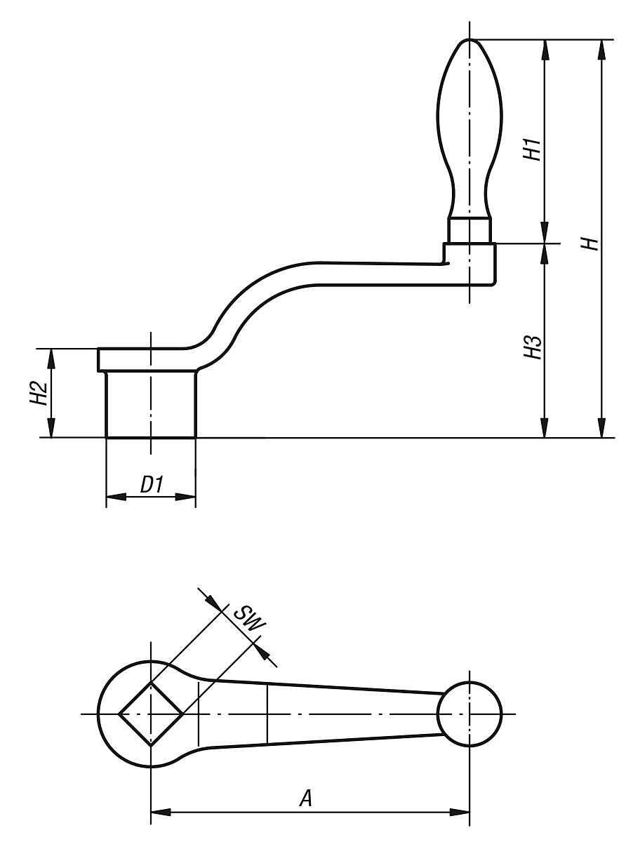 Norelem 06480-120X22 HANDKURBEL, GEKRÖPFT, FORM F, L1=200, S=22, H=44 - NLM 06480-F Handkurbeln gekroepft aehnlich DIN 468 - Form F - Massblatt