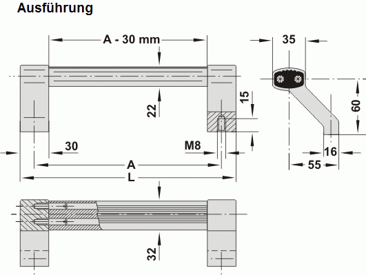 Leschhorn A2-32.A400.S01 massive Aluprof® Griffe mit abgewinkelten Alu-Schenkel Typ A, A 400, Schenkel schwarz/Steg natur - Griff aus Einzelelementen, komplett montiert - Zeichnung - A2-32-A massive Aluprof Griffserien mit abgewinkeltem Schenkel