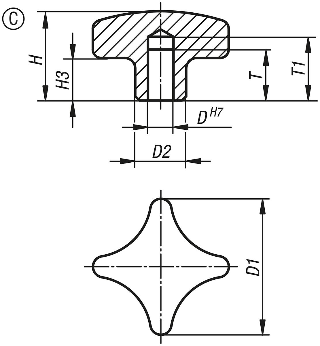 Kipp K0146.3032062 KREUZGRIFF                    EDELSTAHL, FORM C, D1=32, D4=6 - K0146-C Kreuzgriffe aehnlich DIN 6335 Edelstahl - Form C - Massblatt