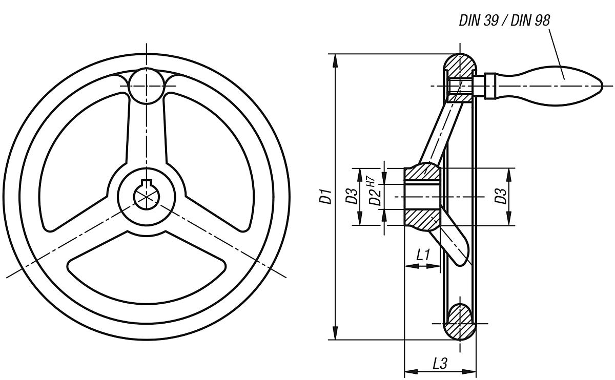 Kipp K0671.2200X22 HANDRAD DIN 950, GG, FESTST.GR.O.NUT, D1=200, D2=22 - K0671-MFG Handraeder DIN 950 aus Grauguss - mit feststehendem Ballengriff - Massblatt