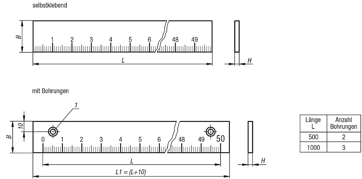 Norelem 21884-100010X0500 MASSSTAB EDELSTAHL, L=MM 500 MM - NLM 21884 Massstaebe Aluminium  selbstklebend oder mit Bohrungen - Massblatt