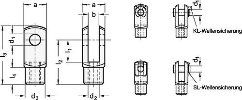 Ganter 751-10-20-M10-KL-AL ALU GABELGELENK MIT BOLZEN UND KL WELLENSICHERUNG - GN 751 Gabelgelenke - Aluminium-Skizze