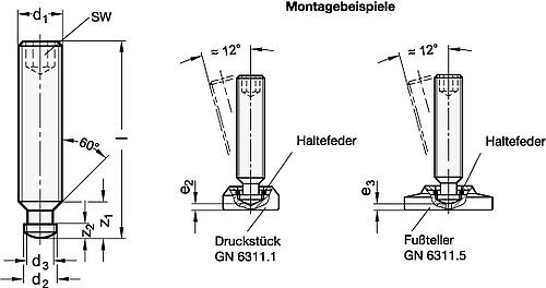 Ganter 6332-M10-45-SKN-NI Edelstahl Gewindestifte mit Druckzapfen, DIN 6332 - DIN 6332 Edelstahl Gewindestifte mit Druckzapfen-Skizze