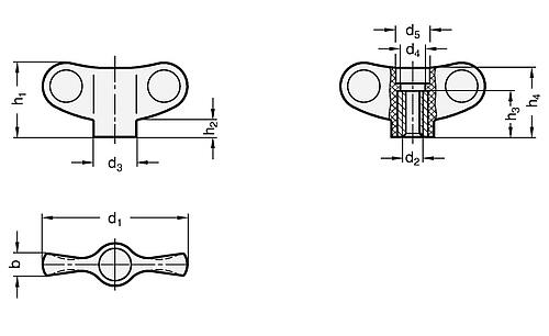 Ganter 634.1-40-M5-D Flügelmuttern mit Edelstahl Buchse, ohne Abdeckkappe - GN 634-1 Fluegelmuttern mit Edelstahl Buchse - ohne Abdeckkappe-Skizze