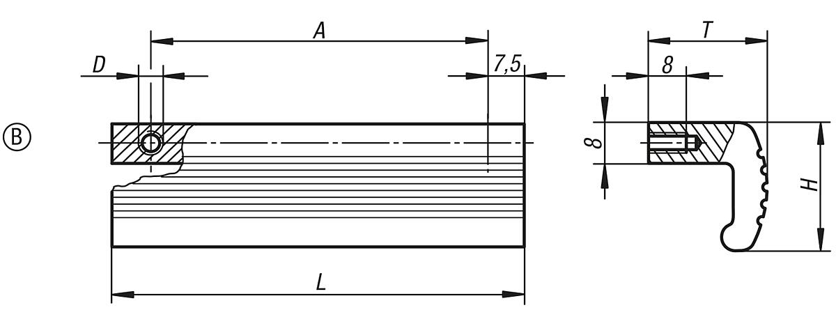 Kipp K0232.21052 LEISTENPROFILGRIFF, FORM B, A=105, SCHWARZ ELOXIERT - K0232-B Leistenprofilgriffe - Form B - Massblatt