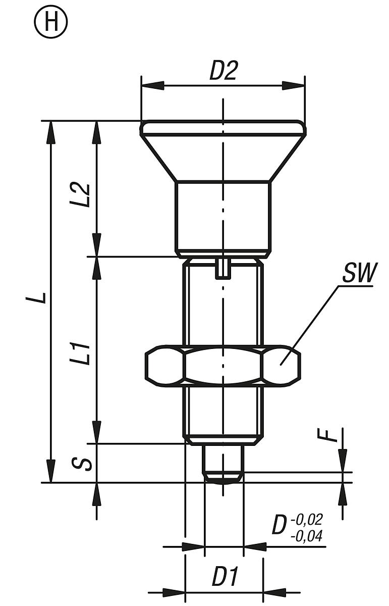 Kipp K0343.12410 ARRETIERBOLZEN GR.4 FORM H    EDELSTAHL, ARRETIERSTIFT NICHT - K0343-H Arretierbolzen ohne Bund Form H - Massblatt