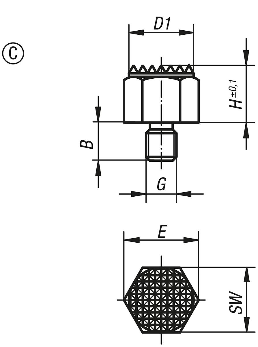 Kipp K0298.315 POSITIONSFUSS FORM C, D=M12, L1=15 - K0298-C Positionsfuesse mit Aussengewinde Form C - Massblatt