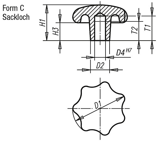 Norelem 06200-306 STERNGRIFF GG, FORM C, D1=32, D4=6 - Norelem 06200-C Sterngriffe DIN 6336 aus Grauguss - Form C