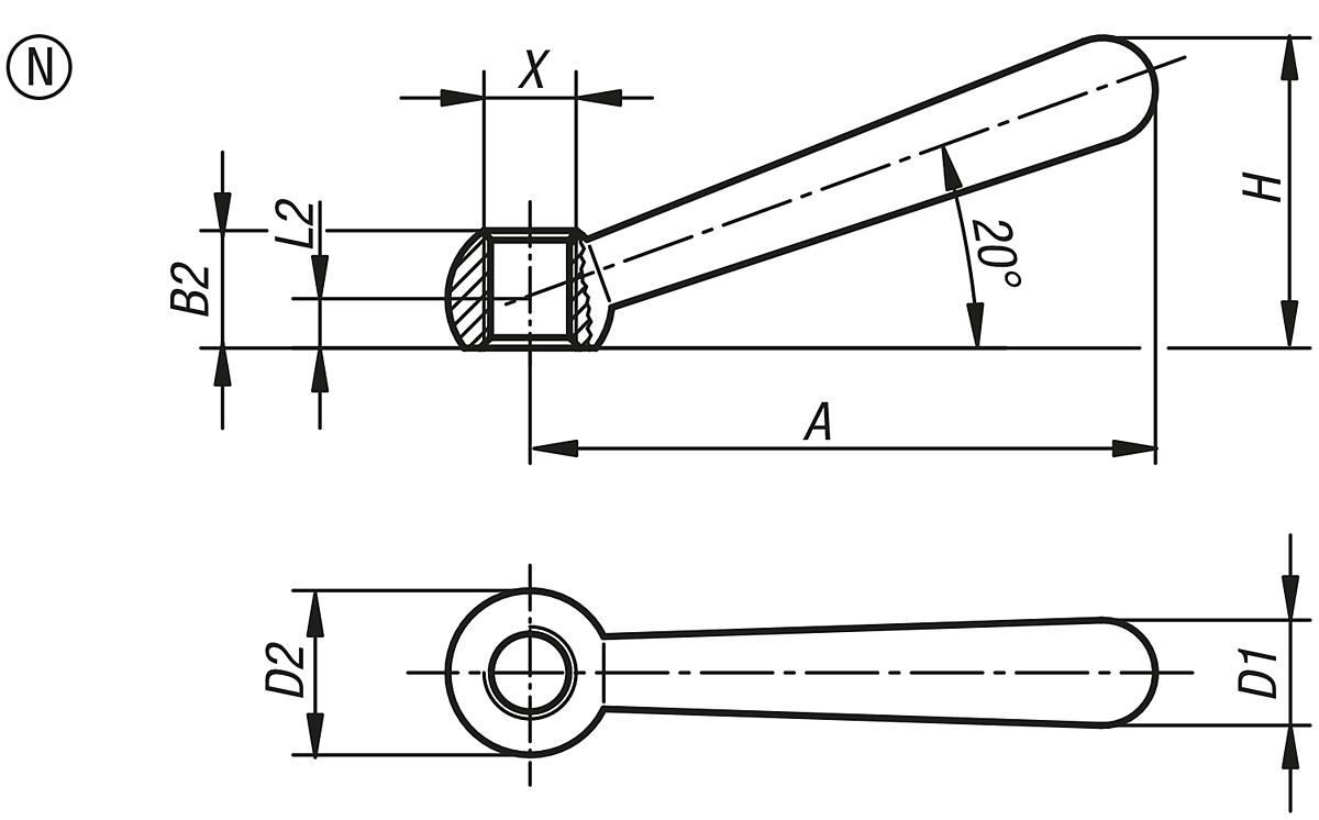 Kipp K0174.206 KEGELGRIFF DIN 99, FORM N, D5=M6, L2=48 - K0174-N Kegelgriffe DIN 99 - Form N - Massblatt