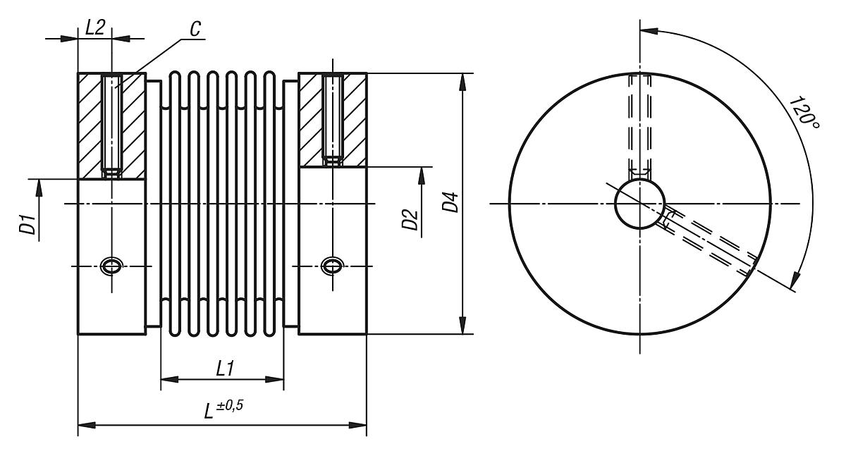 Norelem 23002-0060 METALLBALGKUPPLUNG, GR. 6, VORGEBOHRT D1+D2=6 - NLM 23002 Metallbalgkupplungen Klemmung mit Gewindestift - Massblatt