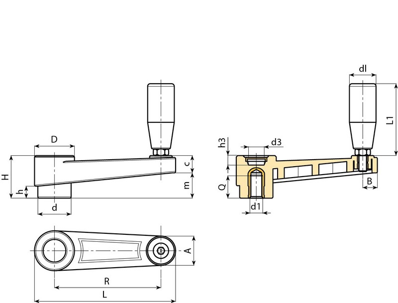 Leschhorn E219  Kunststoff Handkurbeln  L 106; R 80; Gewinde d1 M12; Kunststoff PA, schwarz, Gewindebuchse Messing - Boteco E219 Handkurbeln