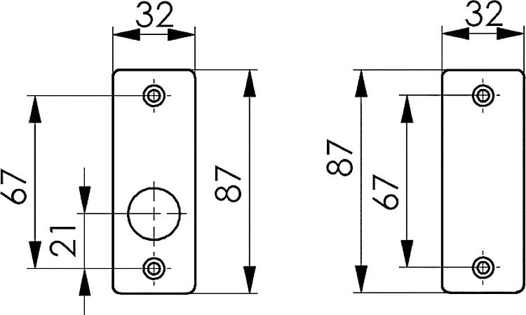 AMF 498 Drücker-Rosette, Abmessung: 32 x 87 x 7 mm, Bohrung für Drückerbetätigung: Ja - LE 498 Druecker-Rosette -Skizze