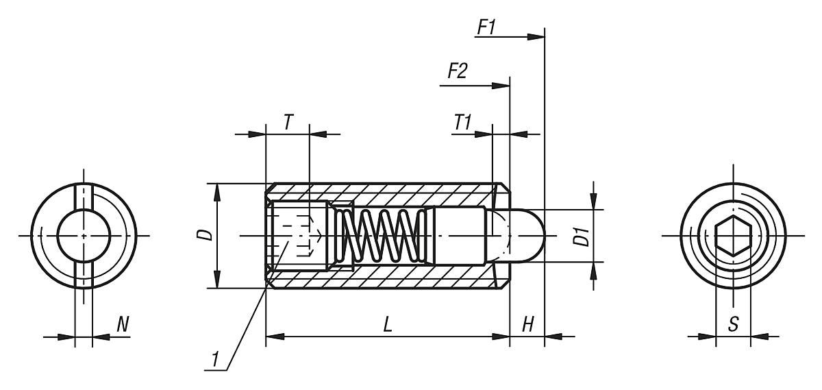 Norelem 03058-10 FEDERNDES DRUCKSTÜCK  M10     EDELSTAHL, BOLZEN KUNSTSTOFF - NLM 03058 Federnde Druckstuecke mit Innensechskant und Druckbolzen POM - Edelstahl - Massblatt
