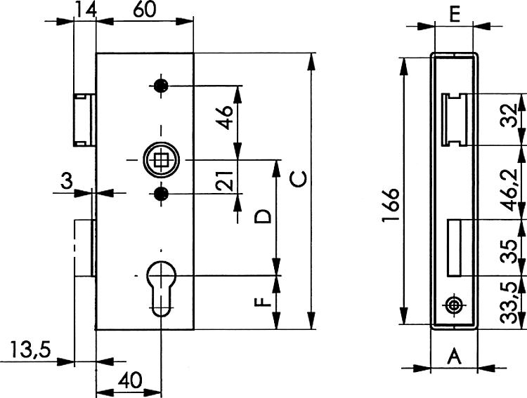 AMF 141UNIG-30ZW Schlosskasten, V2A, Schließung: PZW, Kastenbreite A: 30 mm, C: 172 mm - LE 141UNIG Schlosskasten - V2A -Skizze