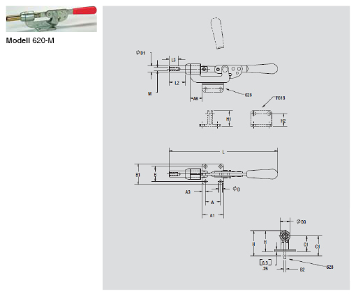 DESTACO 620-M Schubstangenspanner Standard  Haltekraft 2700N, Hub 28mm - 620-M Schubstangenspanner Standard - mit Zollgewinde