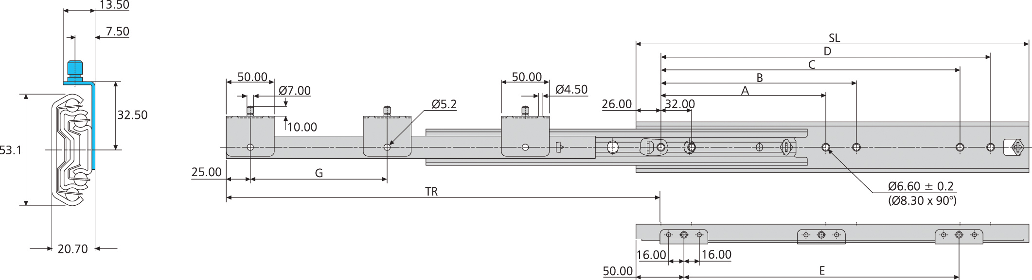 Accuride DS5322-0080-2 Edelstahl Teleskopschienen 100% Überauszug 20,7x53,1 SL 790 TR 822 50kg - 5322 Accuride Edelstahl Teleskopschiene - TZ